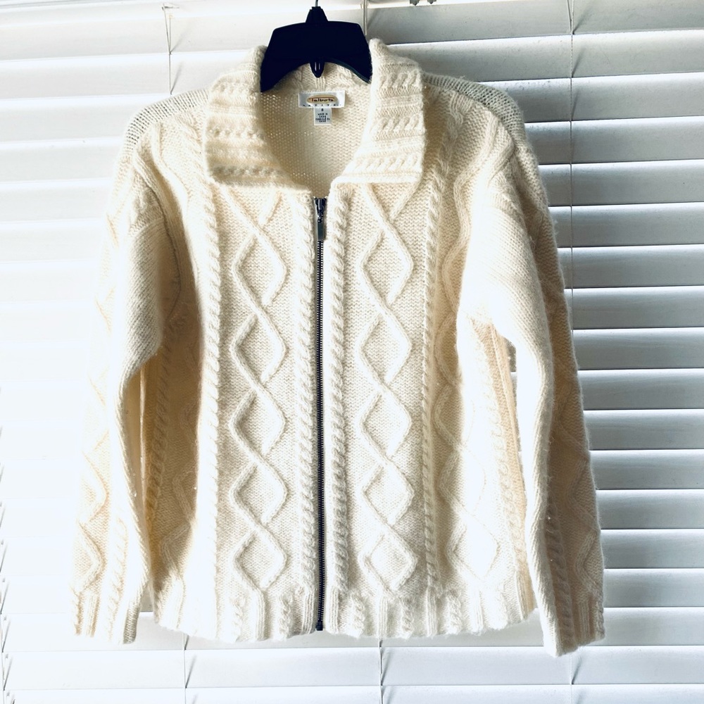 Talbots Petites Cream Cable Knit Wool Collared Zip Up Sweater